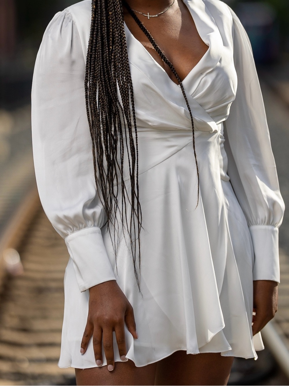 BCBGMaxAzria White Wrap V-Neck Puff Sleeve Mini Dress